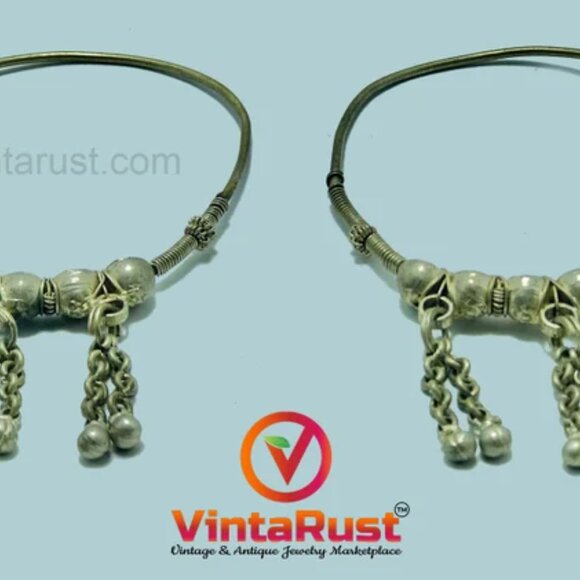 Big Vintage Hoop Earrings With Bells, Tribal Antique Boho Jewelry - Picture 5 of 7